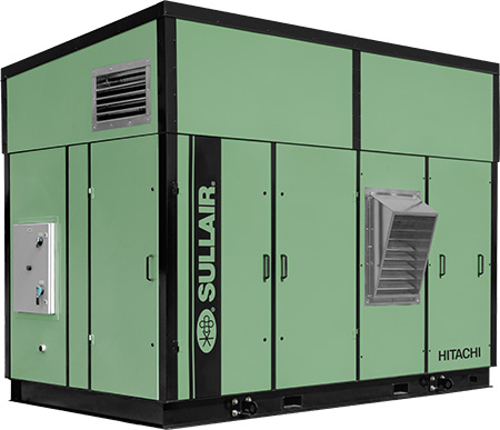 Custom insulated enclosure with a Sullair S-energy 3700 rotary screw industrial air compressor closed