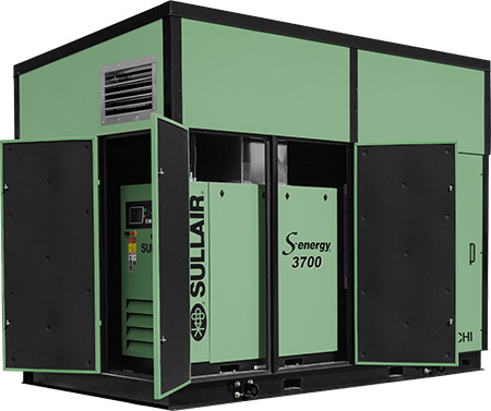 Custom insulated enclosure with a Sullair S-energy 3700 rotary screw industrial air compressor open